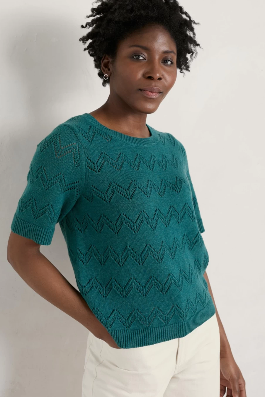 Seasalt Cornwall Women's Dark Wreckage Perran Bay Short Sleeve Pointelle Knit Jumper