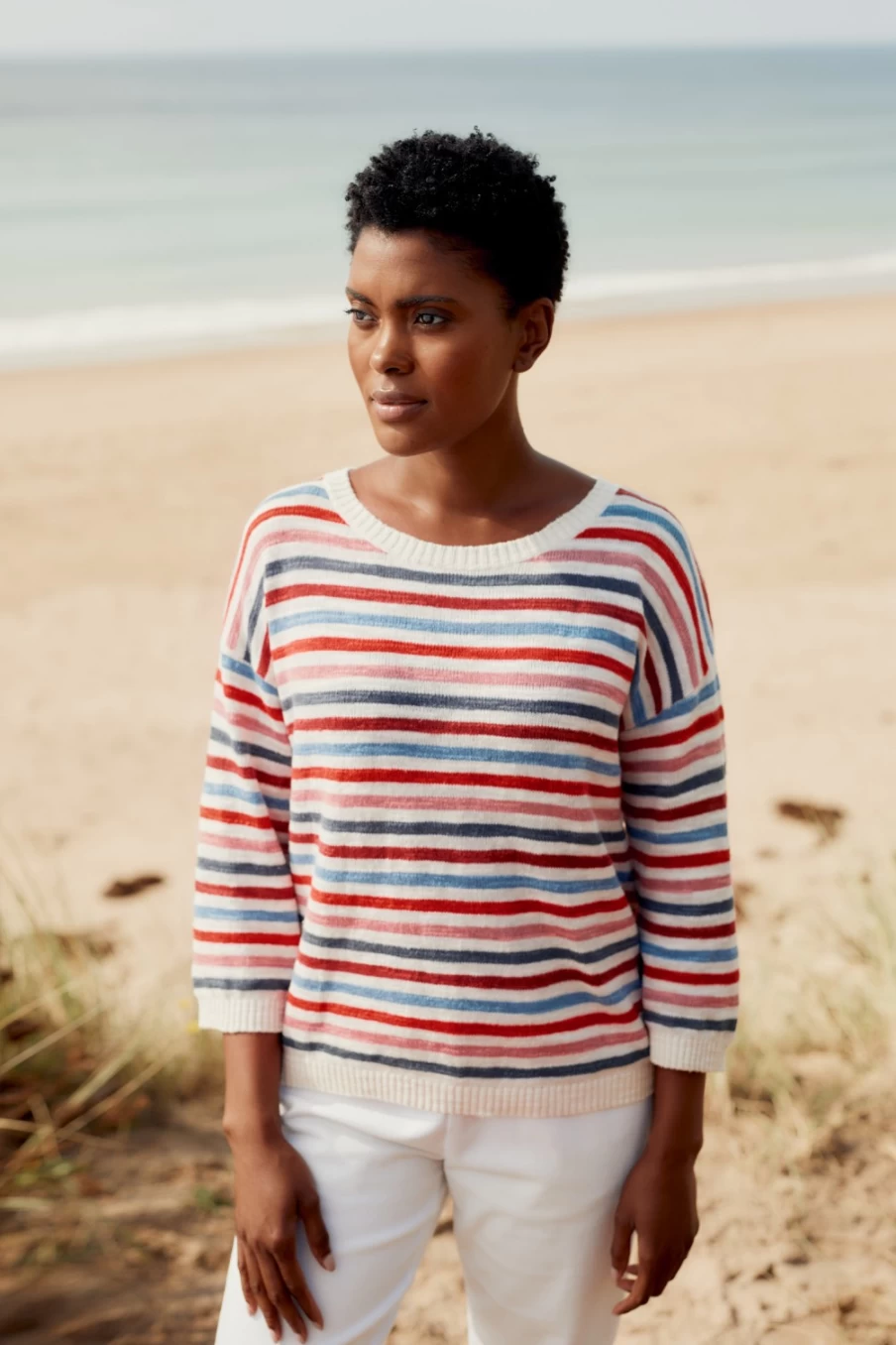 Seasalt Cornwall Women's Knavock Striped Jumper in Mini Cornish Ecru Orange Coral