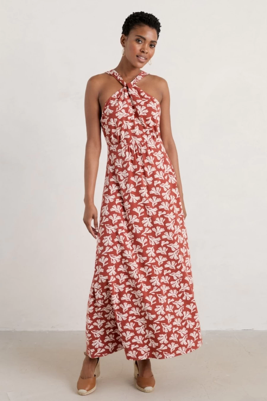 Seasalt Cornwall Women's Collaged Seaweed Barn Red Halter Neck Maxi Dress - Faraway Sea Style